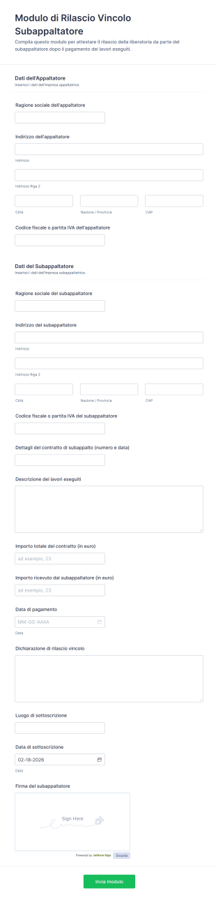 Modulo Di Rilascio Vincolo Subappaltatore