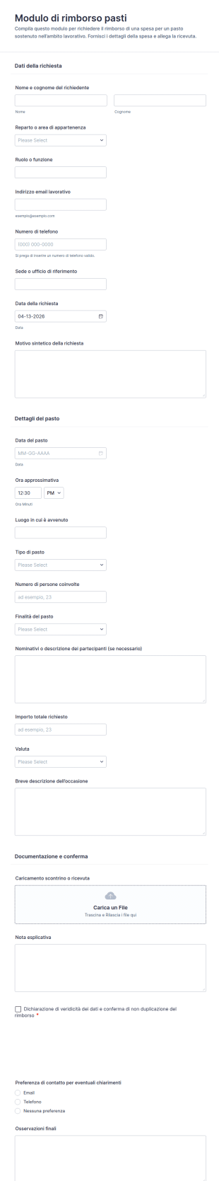 Modulo Di Rimborso Pasto
