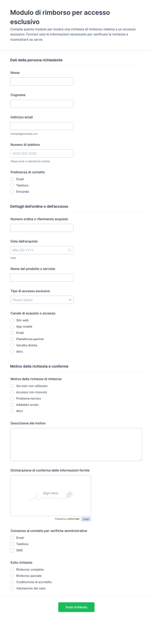 Modulo Di Rimborso Per Accesso Esclusivo