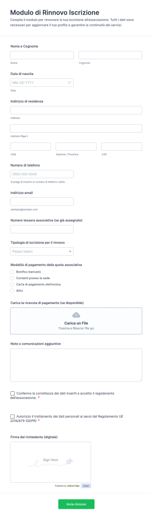 Modulo Di Rinnovo Iscrizione