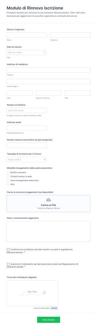 Modulo Di Rinnovo Iscrizione