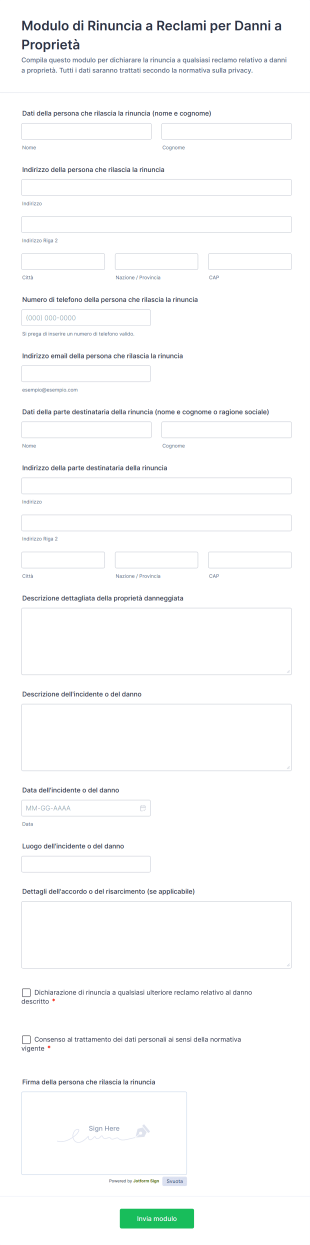 Modulo Di Rinuncia A Reclami Per Danni A Proprietà