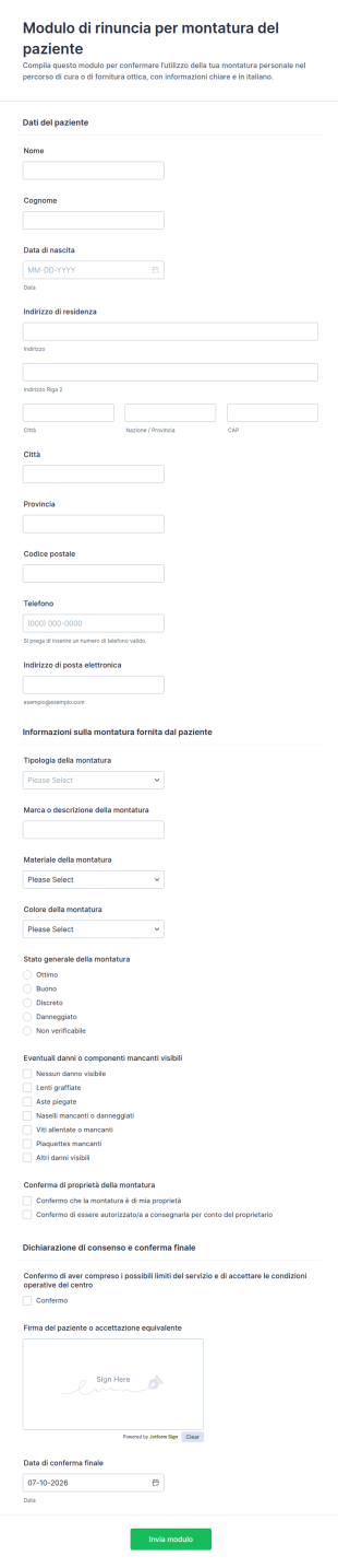 Modulo Di Rinuncia Al Telaio Di Proprietà
