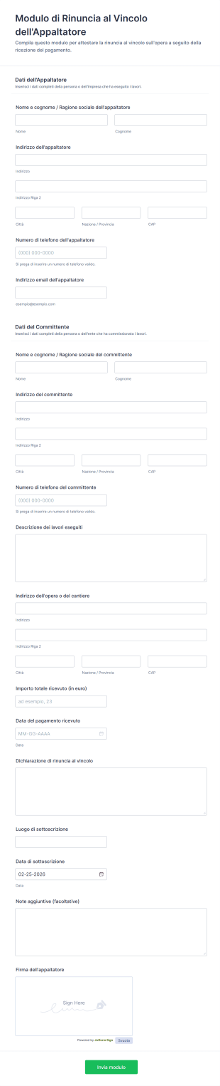Modulo Di Rinuncia Al Vincolo Dell'Appaltatore