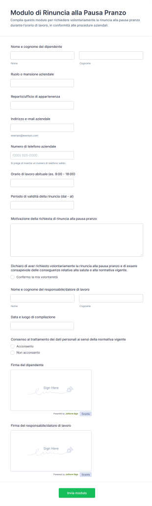 Modulo Di Rinuncia Alla Pausa Pranzo