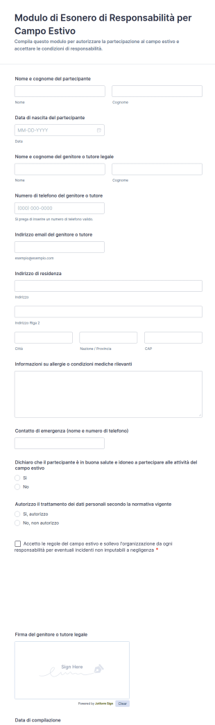 Modulo Di Rinuncia Alla Responsabilità Per Attività Ricreative