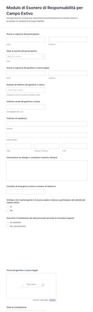 Modulo Di Rinuncia Alla Responsabilità Per Attività Ricreative