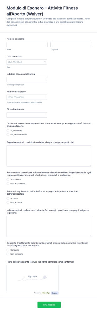 Modulo Di Rinuncia Alla Responsabilità Per Lezioni Di Zumba All'Aperto
