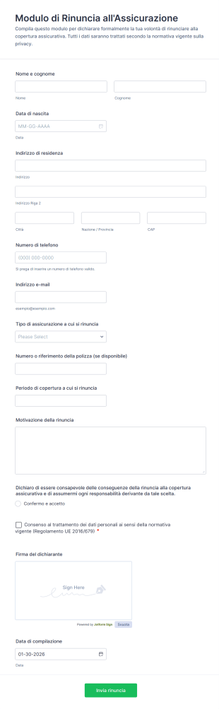 Modulo Di Rinuncia All'Assicurazione
