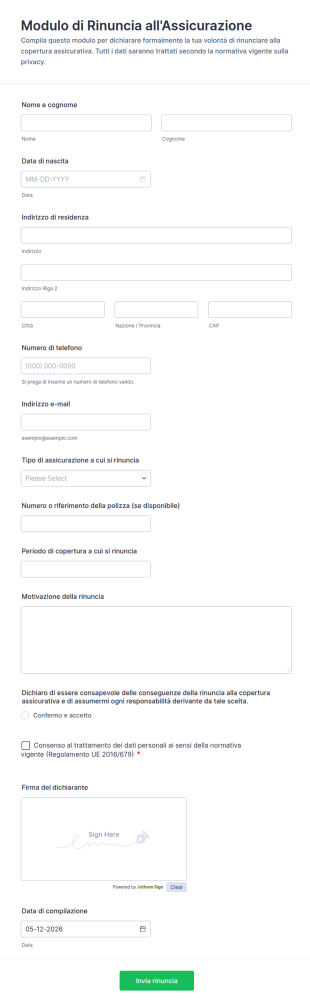 Modulo Di Rinuncia All'Assicurazione