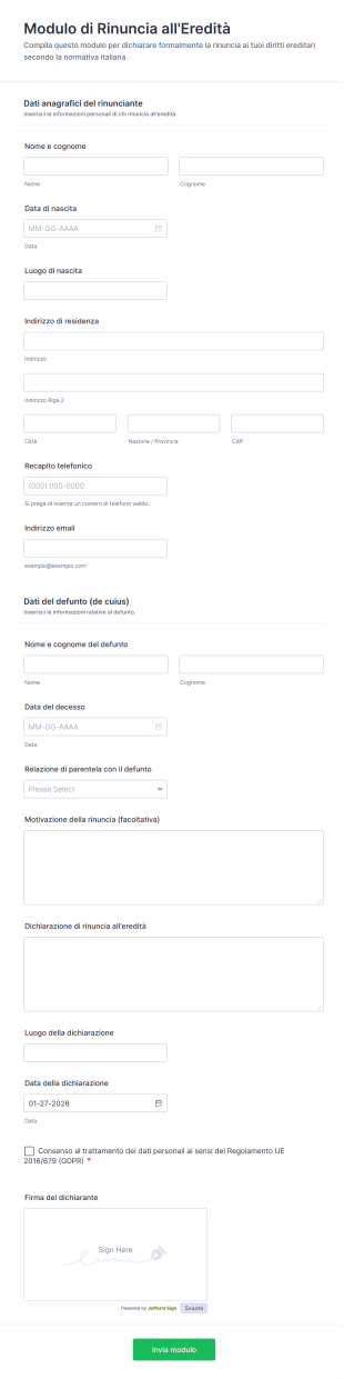 Modulo Di Rinuncia All'Eredità | Jotform