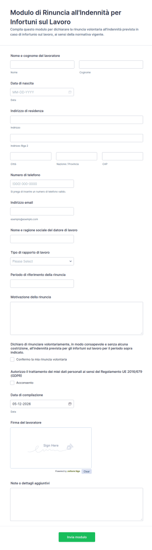 Modulo Di Rinuncia All'Indennità Per Infortuni Sul Lavoro