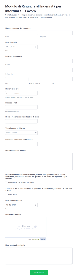 Modulo Di Rinuncia All'Indennità Per Infortuni Sul Lavoro