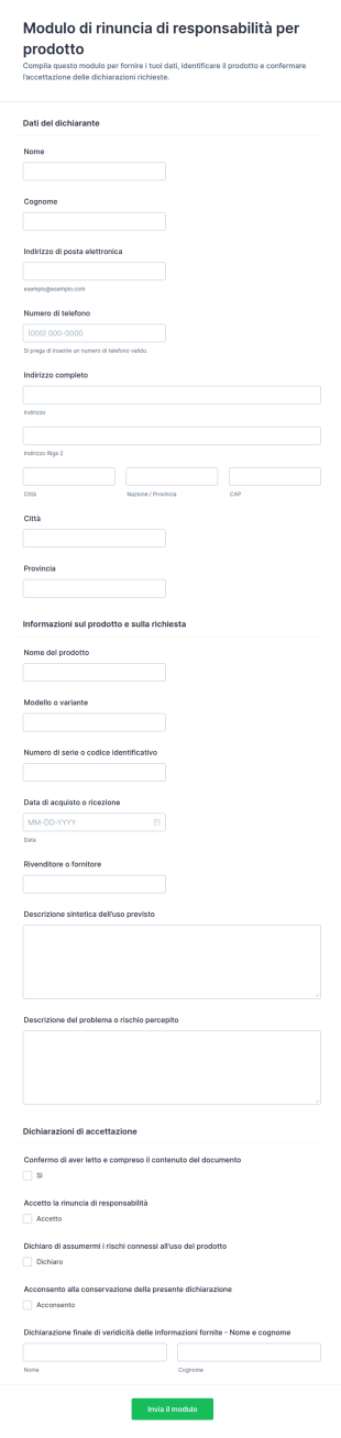 Modulo Di Rinuncia Di Responsabilità Del Prodotto