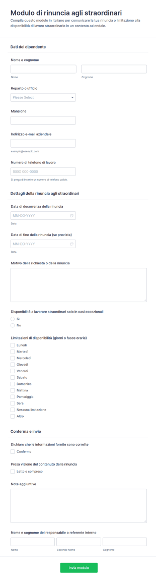 Modulo Di Rinuncia Straordinaria Delle Ore Di Lavoro