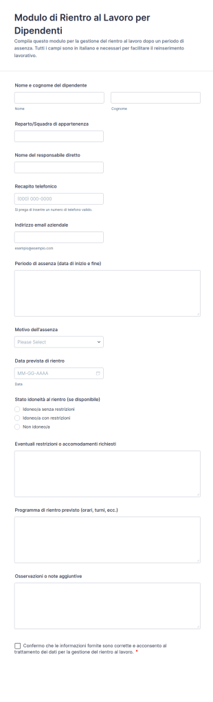 Modulo Di Ritorno Al Lavoro Per Assenza Dipendenti