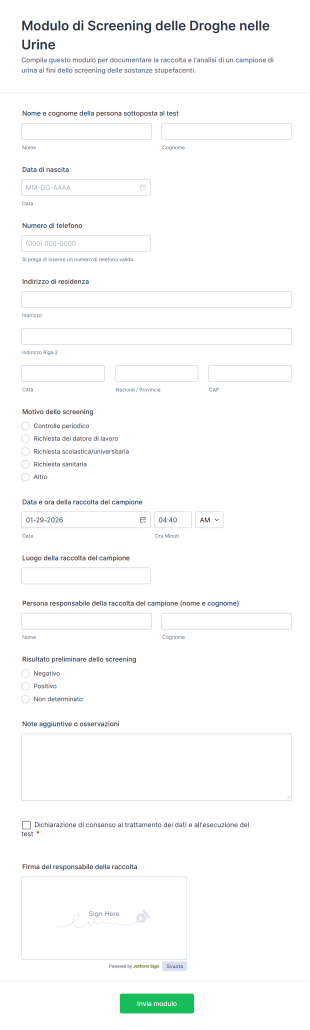 Modulo Di Screening Delle Droghe Nelle Urine