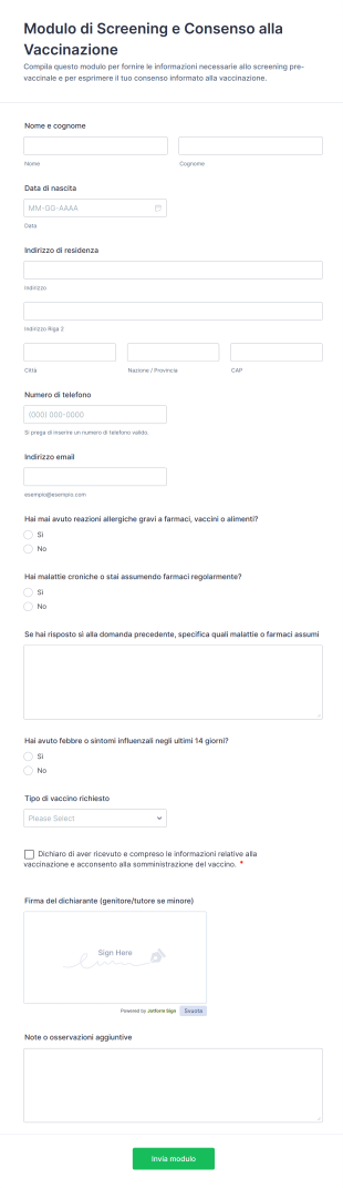 Modulo Di Screening E Consenso Alla Vaccinazione