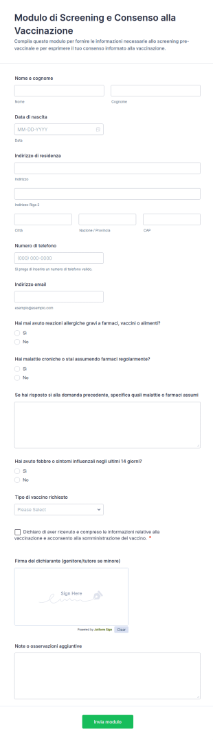 Modulo Di Screening E Consenso Alla Vaccinazione