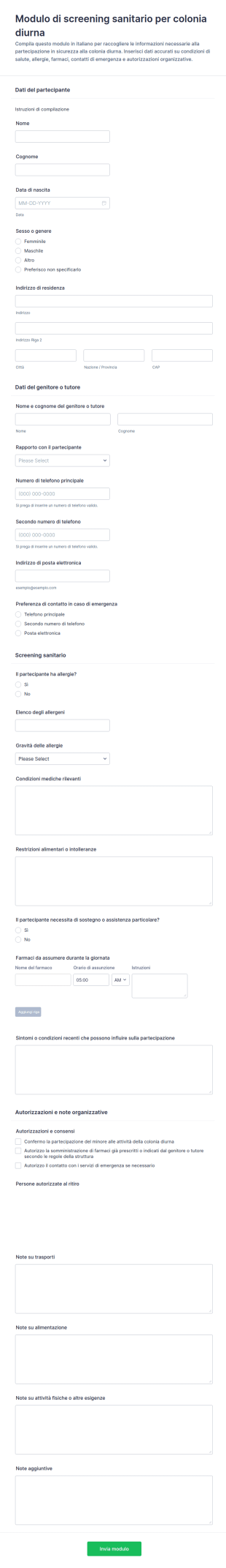 Modulo Di Screening Sanitario Per Partecipanti Al Campo Estivo
