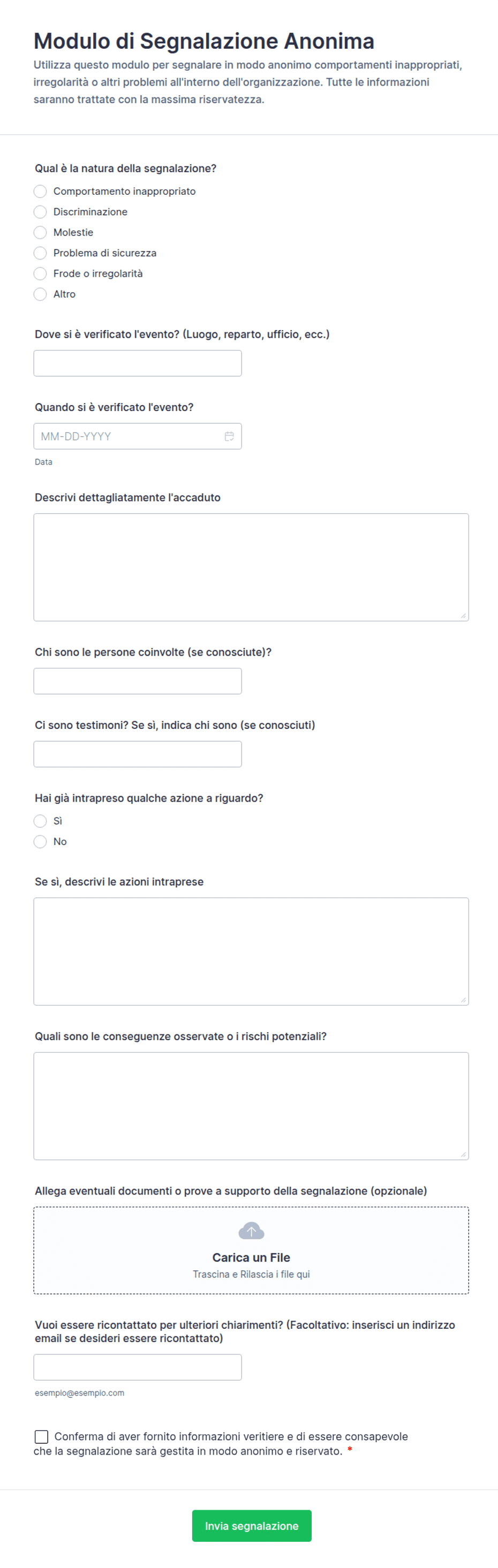 Modulo di Segnalazione Anonima | Jotform