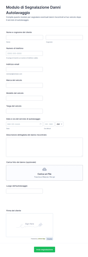 Modulo Di Segnalazione Danni Al Lavaggio Auto