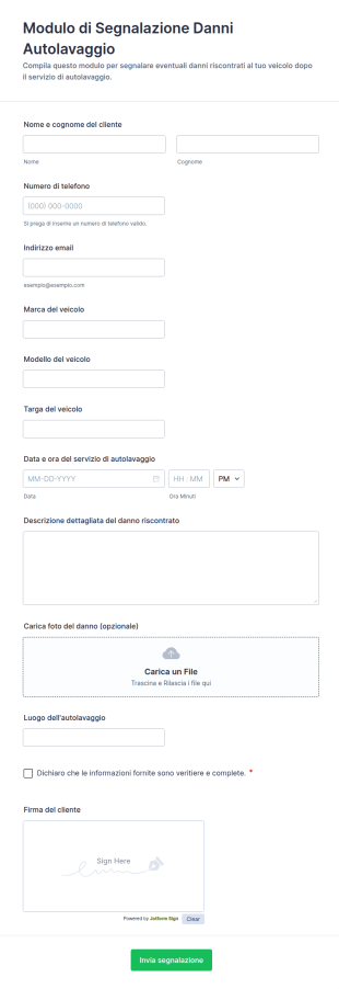 Modulo Di Segnalazione Danni Al Lavaggio Auto