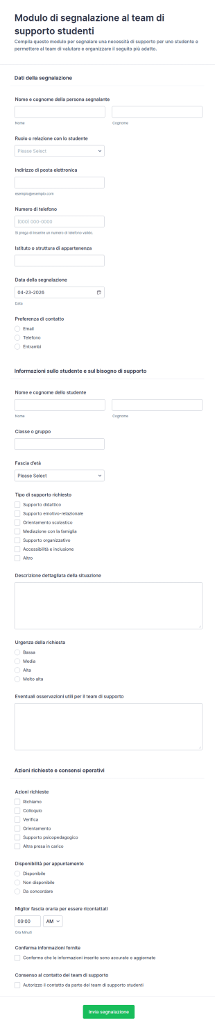 Modulo Di Segnalazione Del Supporto Studentesco