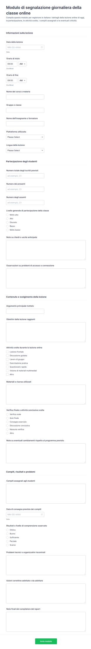 Modulo Di Segnalazione Delle Lezioni Online Quotidiane 📚