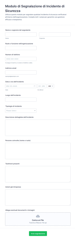 Modulo Di Segnalazione Di Incidente Di Sicurezza