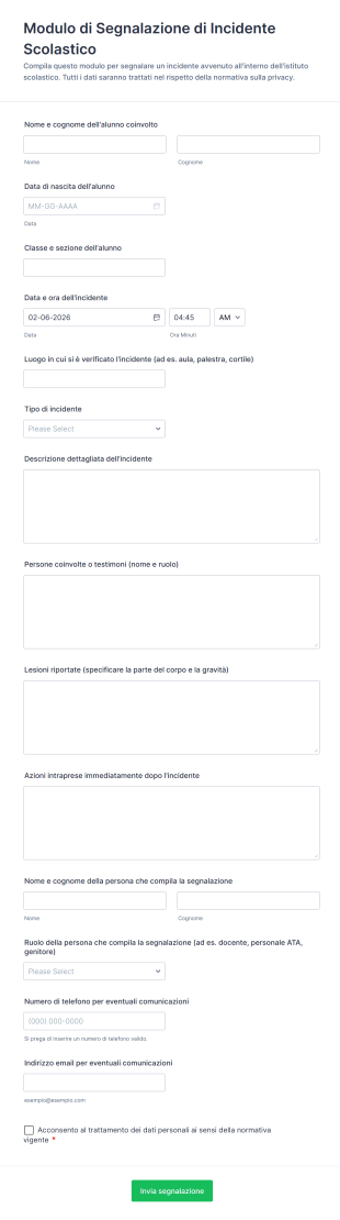 Modulo Di Segnalazione Di Incidente Scolastico