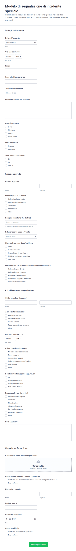 Modulo Di Segnalazione Di Incidente Speciale