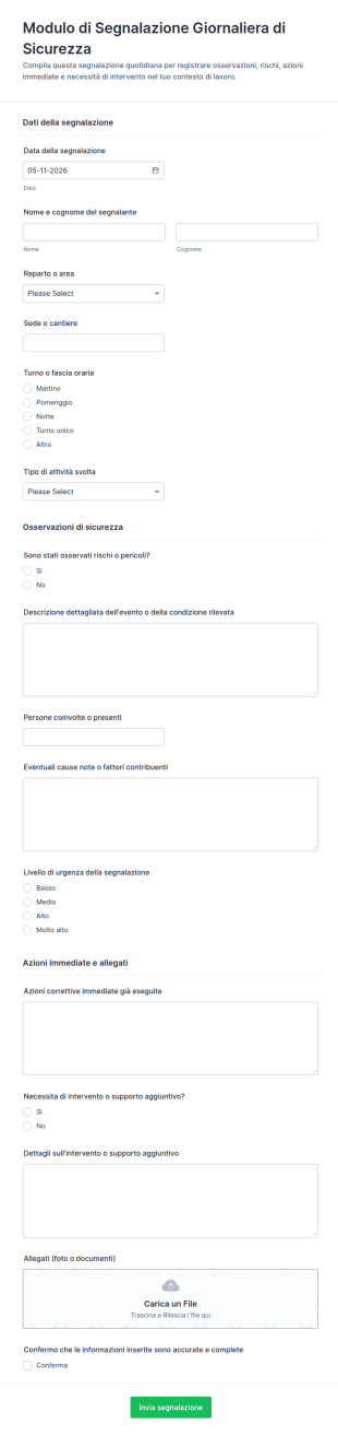 Modulo Di Segnalazione Di Sicurezza Quotidiana