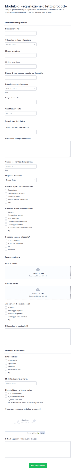 Modulo Di Segnalazione Difetti Di Prodotto