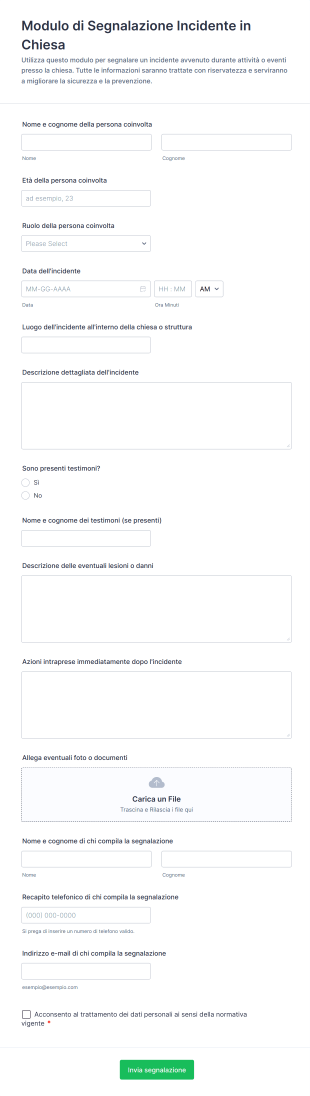 Modulo Di Segnalazione Incidente In Chiesa | Jotform