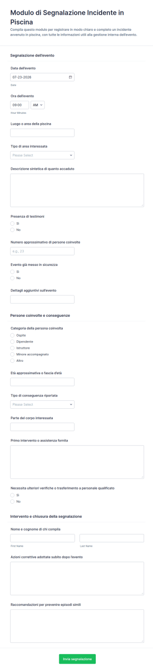 Modulo Di Segnalazione Incidente In Piscina
