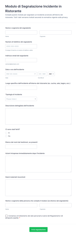 Modulo Di Segnalazione Incidente In Ristorante