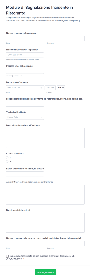 Modulo Di Segnalazione Incidente In Ristorante