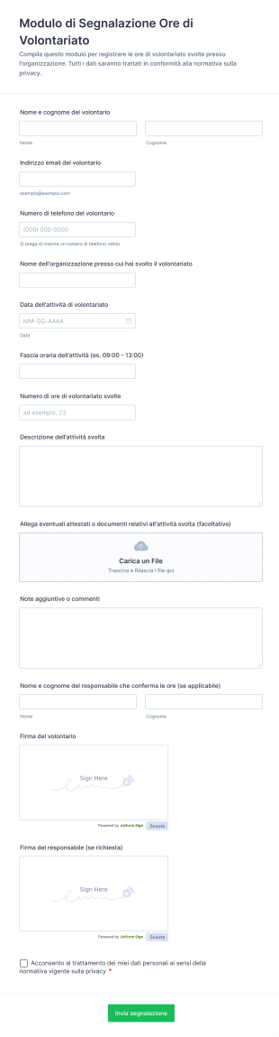 Modulo Di Segnalazione Ore Di Volontariato
