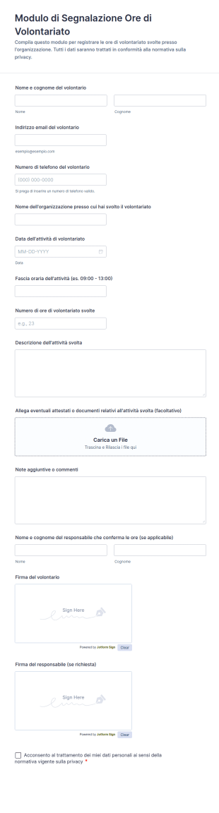 Modulo Di Segnalazione Ore Di Volontariato