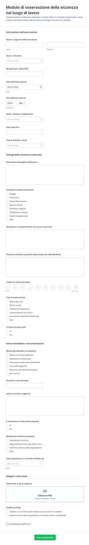 Modulo Di Segnalazione Osservazioni Di Sicurezza Sul Lavoro