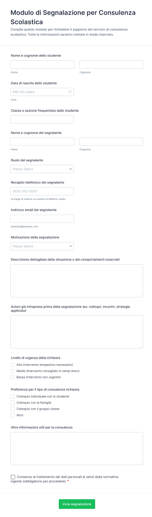 Modulo Di Segnalazione Per Consulenza Scolastica