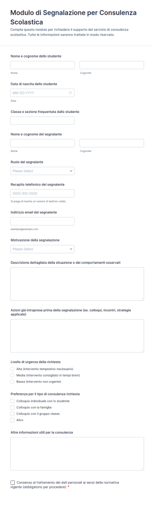 Modulo Di Segnalazione Per Consulenza Scolastica