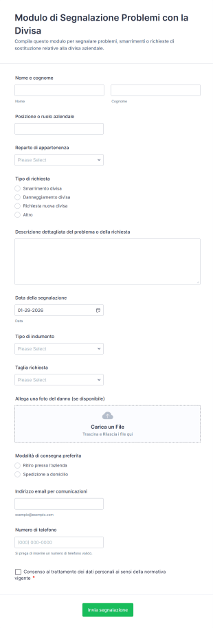 Modulo Di Segnalazione Problemi Con La Divisa