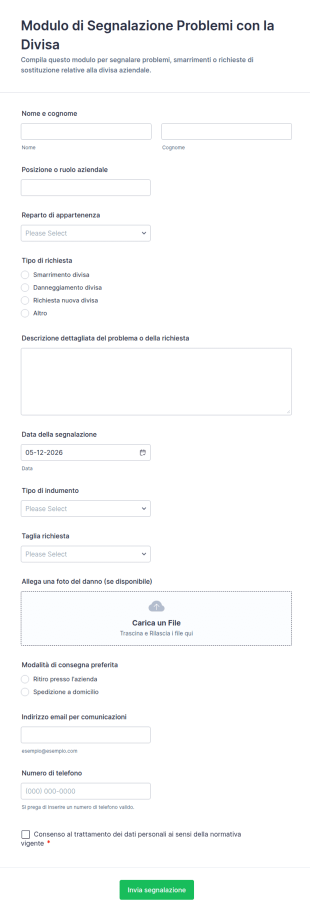 Modulo Di Segnalazione Problemi Con La Divisa