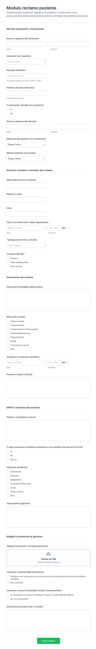 Modulo Di Segnalazione Reclami Dei Pazienti