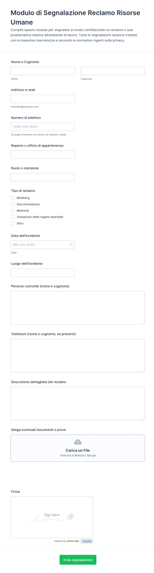 Modulo Di Segnalazione Reclami Delle Risorse Umane