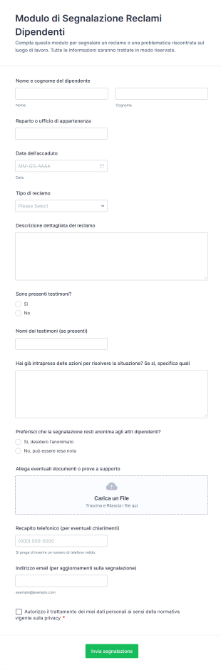 Modulo Di Segnalazione Reclami Dipendenti