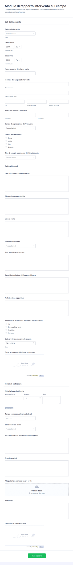 Modulo Di Segnalazione Servizio In Campo