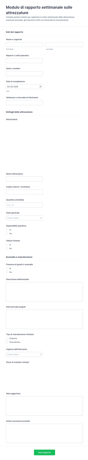 Modulo Di Segnalazione Settimanale Delle Attrezzature